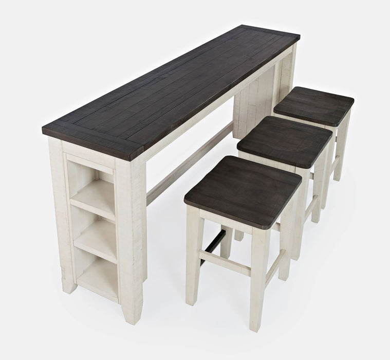 Jofran Madison County Rustic Reclaimed Pine Farmhouse Four Piece Sofa Table Set with Barstools in Vintage White image