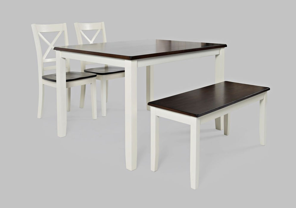 Jofran Asbury Park Solid Acacia Farmhouse 4-Pack Dining Set - Table with 2 Chairs and Bench in White image