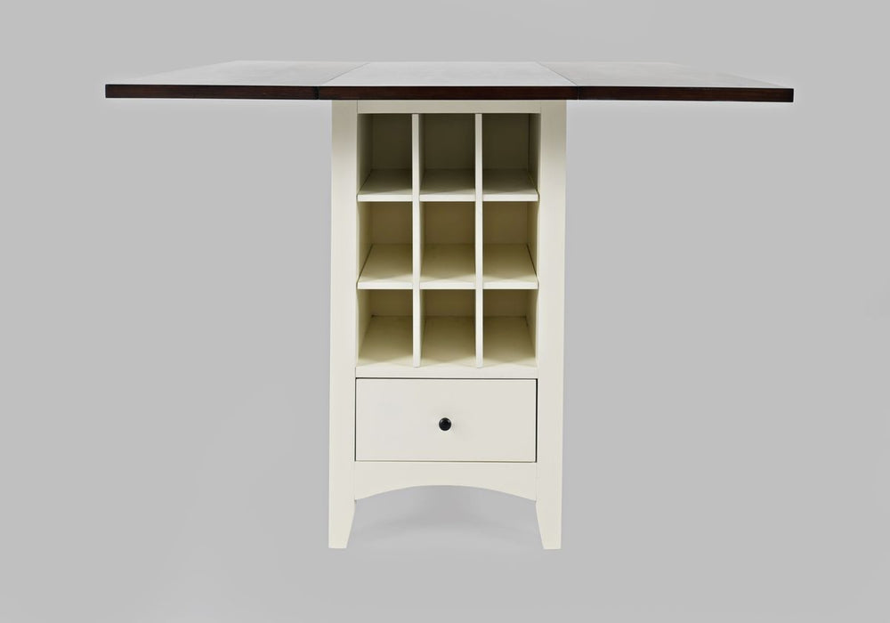 Jofran Asbury Park Solid Acacia Farmhouse Storage Counter Drop Leaf Dining Table with Storage and Wine Rack in White image