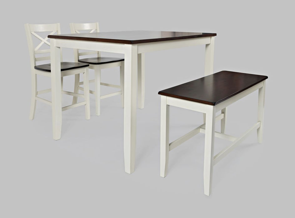 Jofran Asbury Park Solid Acacia Farmhouse 4-Pack Counter Height Dining Set - Table with 2 Stools and Bench in White image