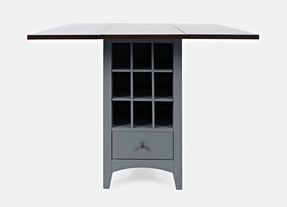 Jofran Asbury Park Solid Acacia Farmhouse Storage Counter Drop Leaf Dining Table with Storage and Wine Rack in Grey image