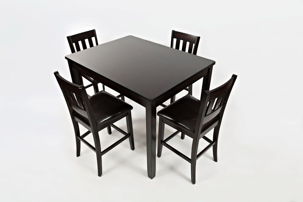 Jofran Dark Rustic Prairie Counter Height Table and Four Faux Leather Stools in Dark Brown image