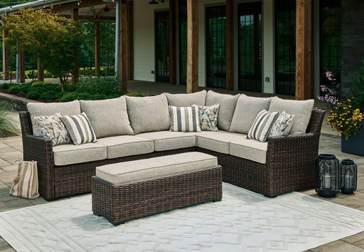 Brook Ranch Outdoor Sofa Sectional/Bench with Cushion (Set of 3) - Holmwood's Furniture & Design Center (Somersworth, NH)