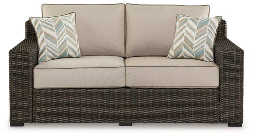 Coastline Bay Outdoor Loveseat with Cushion - Holmwood's Furniture & Design Center (Somersworth, NH)