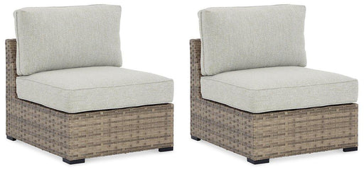 Calworth Outdoor Armless Chair with Cushion (Set of 2) - Holmwood's Furniture & Design Center (Somersworth, NH)