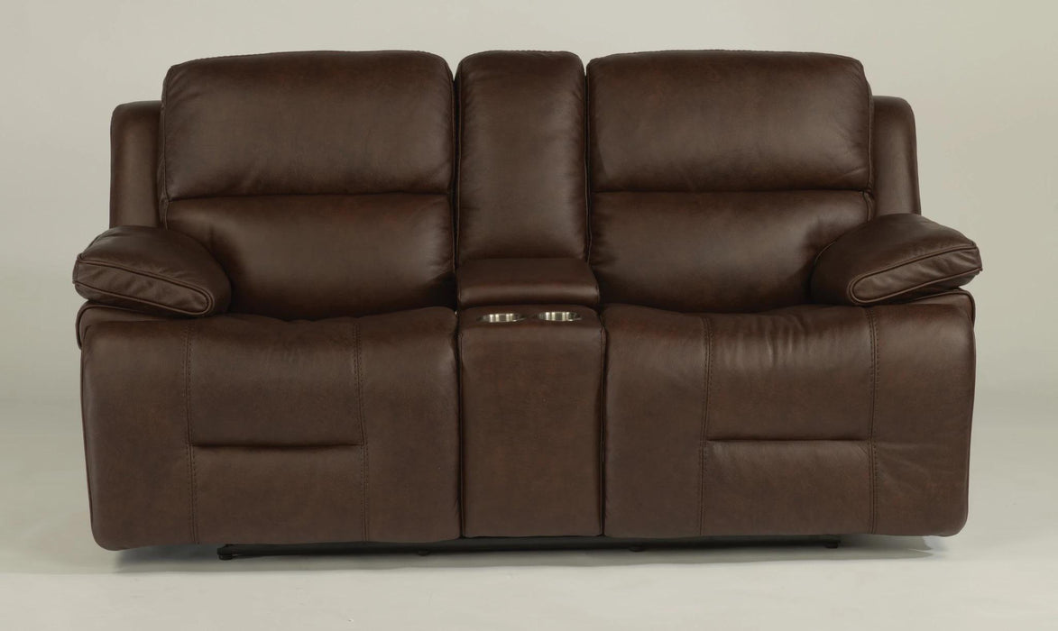 Flexsteel Latitudes Apollo Leather Power Reclining Loveseat w/Console and Power Headrests in Brown - Holmwood's Furniture & Design Center (Somersworth, NH)