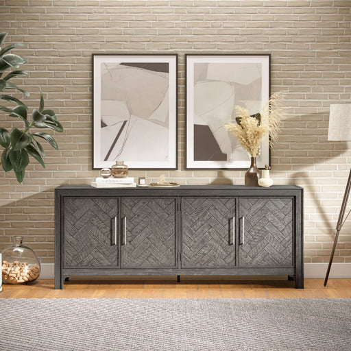Jofran Gramercy Mid-Century Modern Chevron Four Door 79" Accent Cabinet in Platinum - Holmwood's Furniture & Design Center (Somersworth, NH)