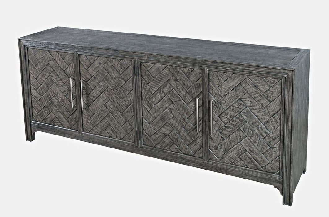 Jofran Gramercy Mid-Century Modern Chevron Four Door 79" Accent Cabinet in Platinum - Holmwood's Furniture & Design Center (Somersworth, NH)