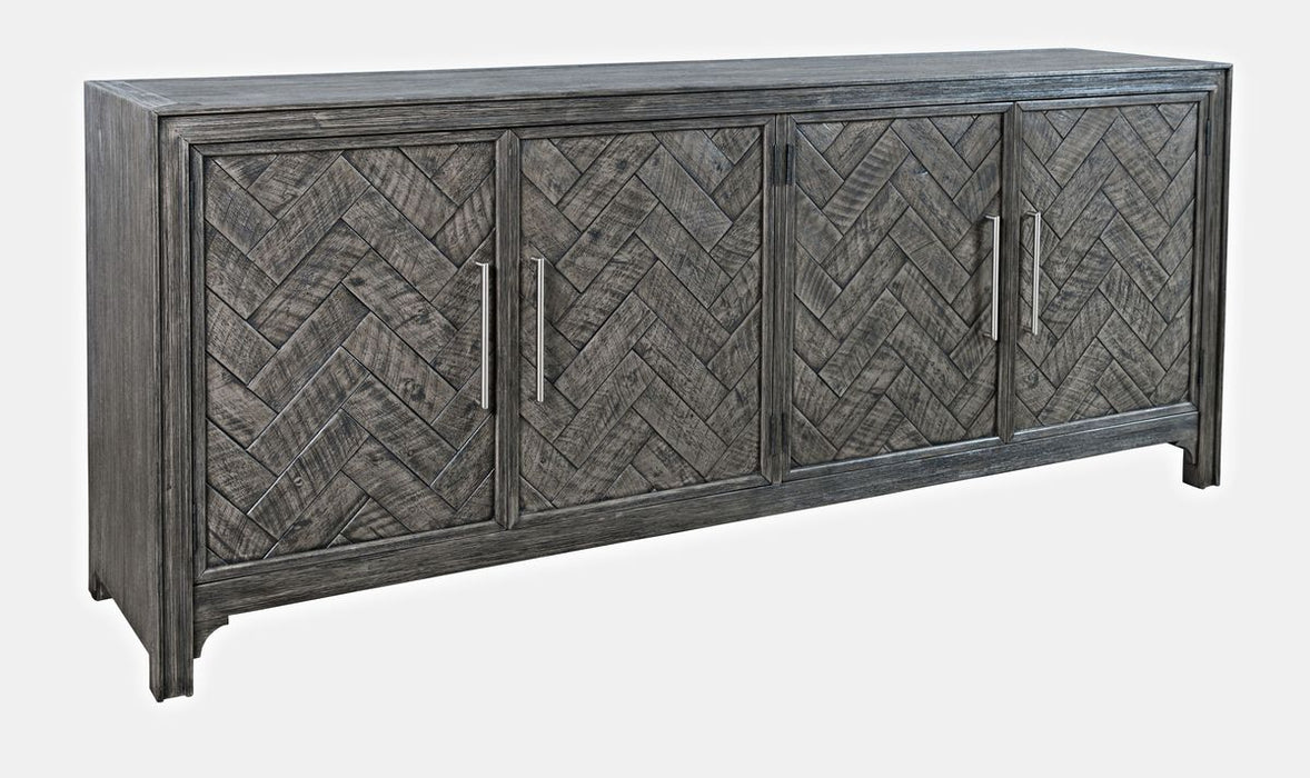 Jofran Gramercy Mid-Century Modern Chevron Four Door 79" Accent Cabinet in Platinum - Holmwood's Furniture & Design Center (Somersworth, NH)
