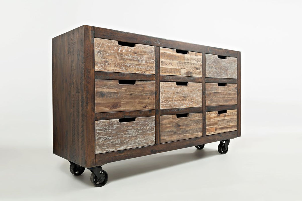 Jofran Painted Canyon Rustic Solid Acacia 9 Drawer Accent Chest with Caster Wheels in Distressed Brown - Holmwood's Furniture & Design Center (Somersworth, NH)