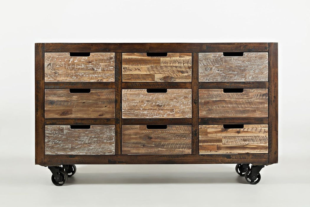 Jofran Painted Canyon Rustic Solid Acacia 9 Drawer Accent Chest with Caster Wheels in Distressed Brown image