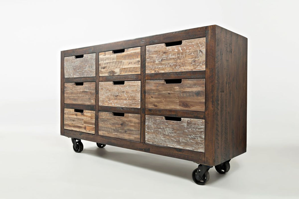 Jofran Painted Canyon Rustic Solid Acacia 9 Drawer Accent Chest with Caster Wheels in Distressed Brown - Holmwood's Furniture & Design Center (Somersworth, NH)