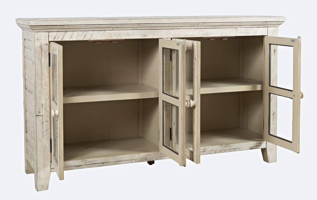 Jofran Rustic Shores 54" Coastal Distressed Acacia Four-Door Credenza Cabinet in Scrimshaw Cream - Holmwood's Furniture & Design Center (Somersworth, NH)