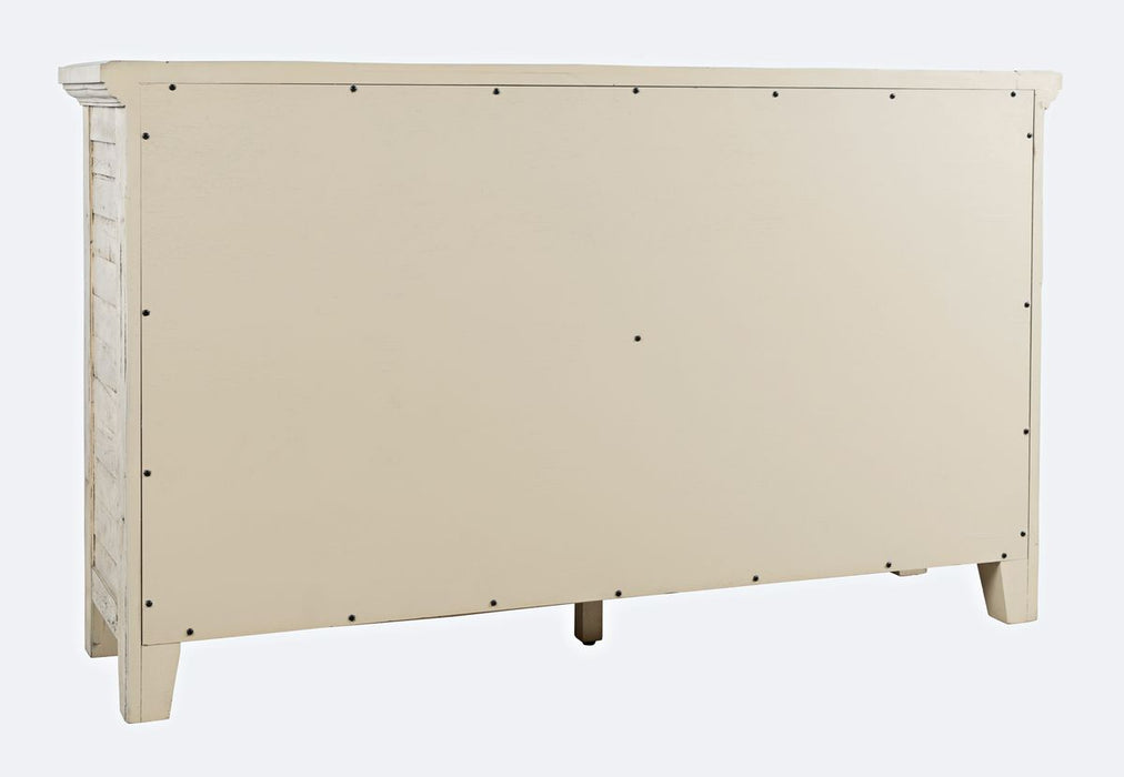 Jofran Rustic Shores 54" Coastal Distressed Acacia Four-Door Credenza Cabinet in Scrimshaw Cream - Holmwood's Furniture & Design Center (Somersworth, NH)