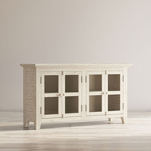 Jofran Rustic Shores 54" Coastal Distressed Acacia Four-Door Credenza Cabinet in Scrimshaw Cream - Holmwood's Furniture & Design Center (Somersworth, NH)