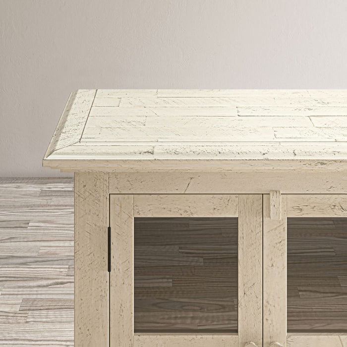 Jofran Rustic Shores 54" Coastal Distressed Acacia Four-Door Credenza Cabinet in Scrimshaw Cream - Holmwood's Furniture & Design Center (Somersworth, NH)