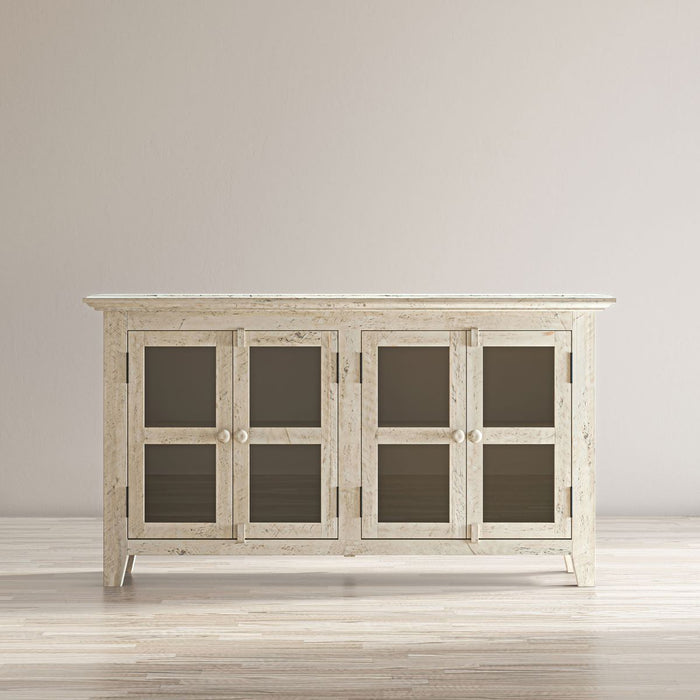 Jofran Rustic Shores 54" Coastal Distressed Acacia Four-Door Credenza Cabinet in Scrimshaw Cream - Holmwood's Furniture & Design Center (Somersworth, NH)
