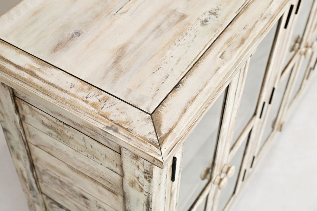 Jofran Rustic Shores 70" Coastal Distressed Acacia Six-Door Accent Cabinet in Scrimshaw Cream - Holmwood's Furniture & Design Center (Somersworth, NH)