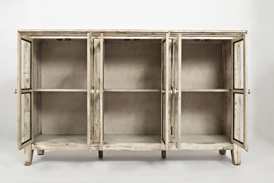 Jofran Rustic Shores 70" Coastal Distressed Acacia Six-Door Accent Cabinet in Scrimshaw Cream - Holmwood's Furniture & Design Center (Somersworth, NH)