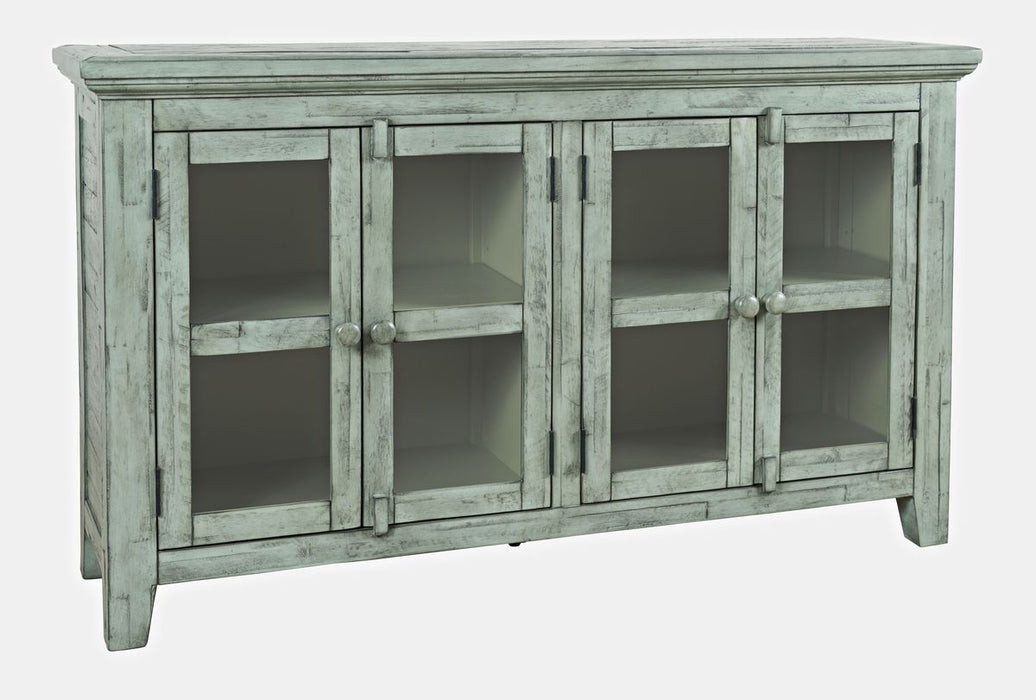 Jofran Rustic Shores 54" Coastal Distressed Acacia Four-Door Credenza Cabinet in Surfside Blue - Holmwood's Furniture & Design Center (Somersworth, NH)
