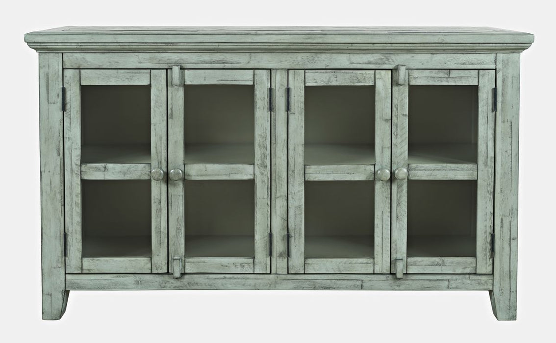 Jofran Rustic Shores 54" Coastal Distressed Acacia Four-Door Credenza Cabinet in Surfside Blue - Holmwood's Furniture & Design Center (Somersworth, NH)