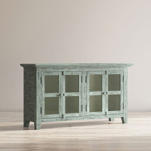 Jofran Rustic Shores 54" Coastal Distressed Acacia Four-Door Credenza Cabinet in Surfside Blue - Holmwood's Furniture & Design Center (Somersworth, NH)