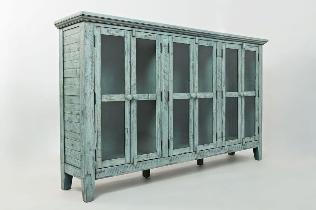 Jofran Rustic Shores 70" Coastal Distressed Acacia Six-Door Accent Cabinet in Surfside Blue - Holmwood's Furniture & Design Center (Somersworth, NH)