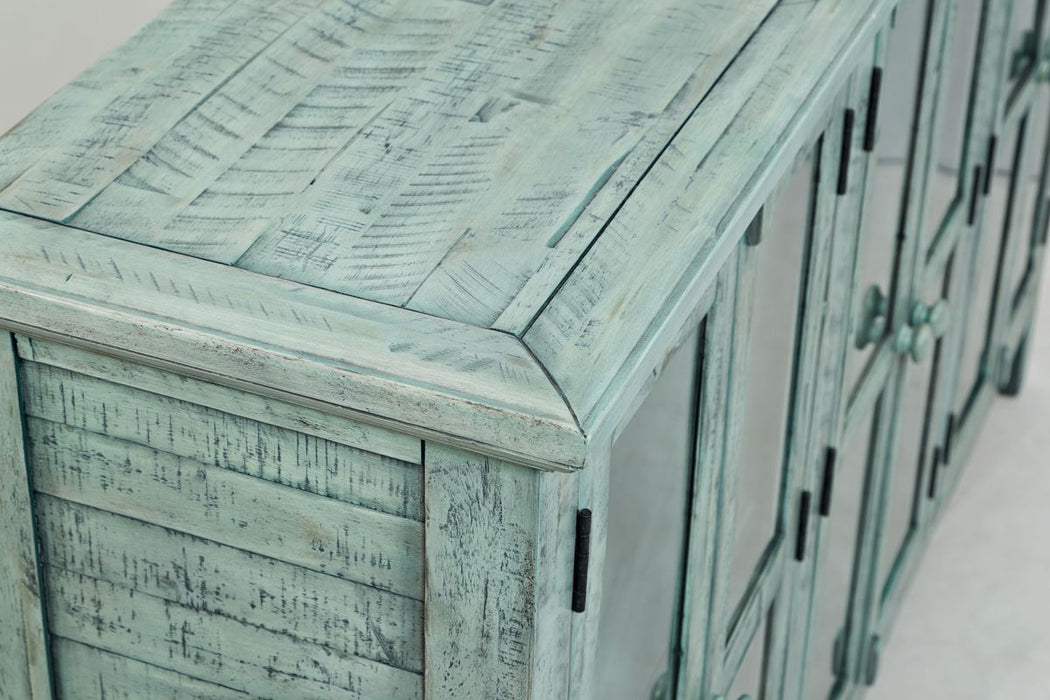 Jofran Rustic Shores 70" Coastal Distressed Acacia Six-Door Accent Cabinet in Surfside Blue - Holmwood's Furniture & Design Center (Somersworth, NH)