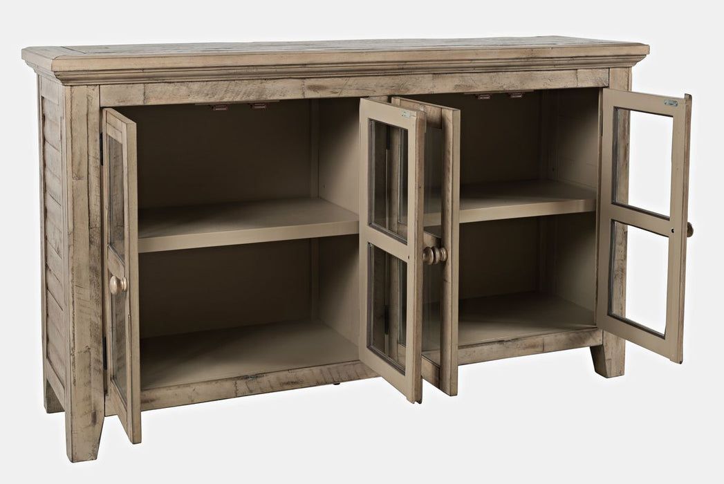 Jofran Rustic Shores 54" Coastal Distressed Acacia Four-Door Credenza Cabinet in Watch Hill Brown-Grey - Holmwood's Furniture & Design Center (Somersworth, NH)