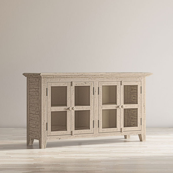 Jofran Rustic Shores 54" Coastal Distressed Acacia Four-Door Credenza Cabinet in Watch Hill Brown-Grey - Holmwood's Furniture & Design Center (Somersworth, NH)