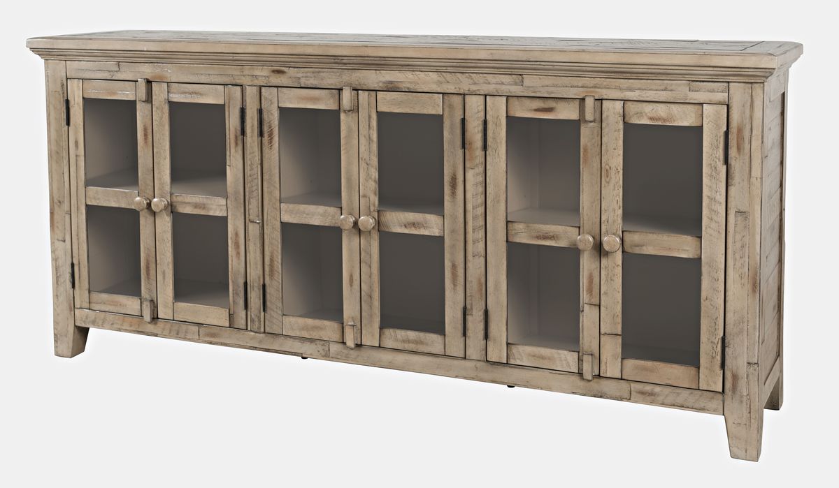 Jofran Rustic Shores 70" Coastal Distressed Acacia Six-Door Accent Cabinet in Watch Hill Brown-Grey - Holmwood's Furniture & Design Center (Somersworth, NH)