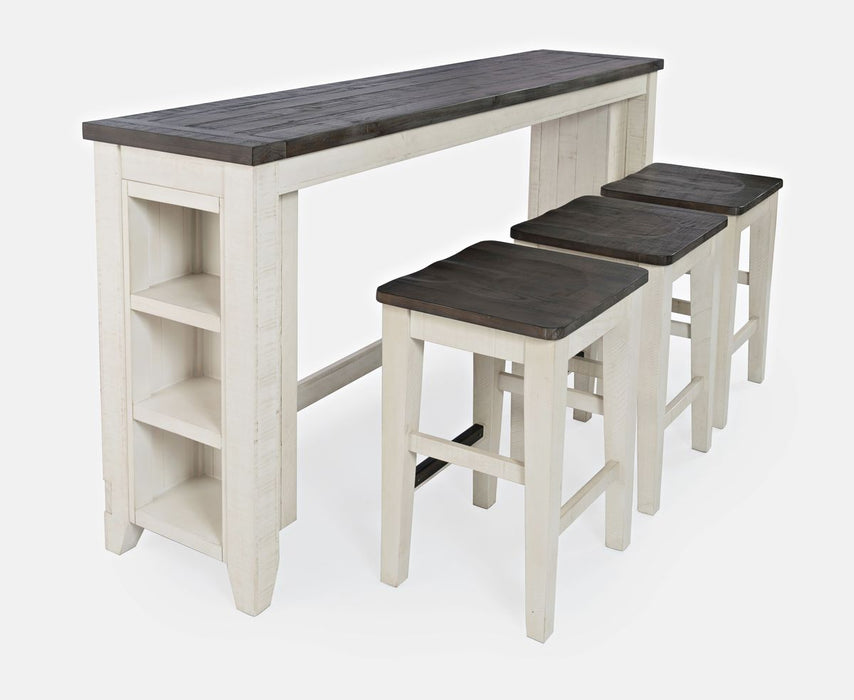 Jofran Madison County Rustic Reclaimed Pine Farmhouse Four Piece Sofa Table Set with Barstools in Vintage White - Holmwood's Furniture & Design Center (Somersworth, NH)