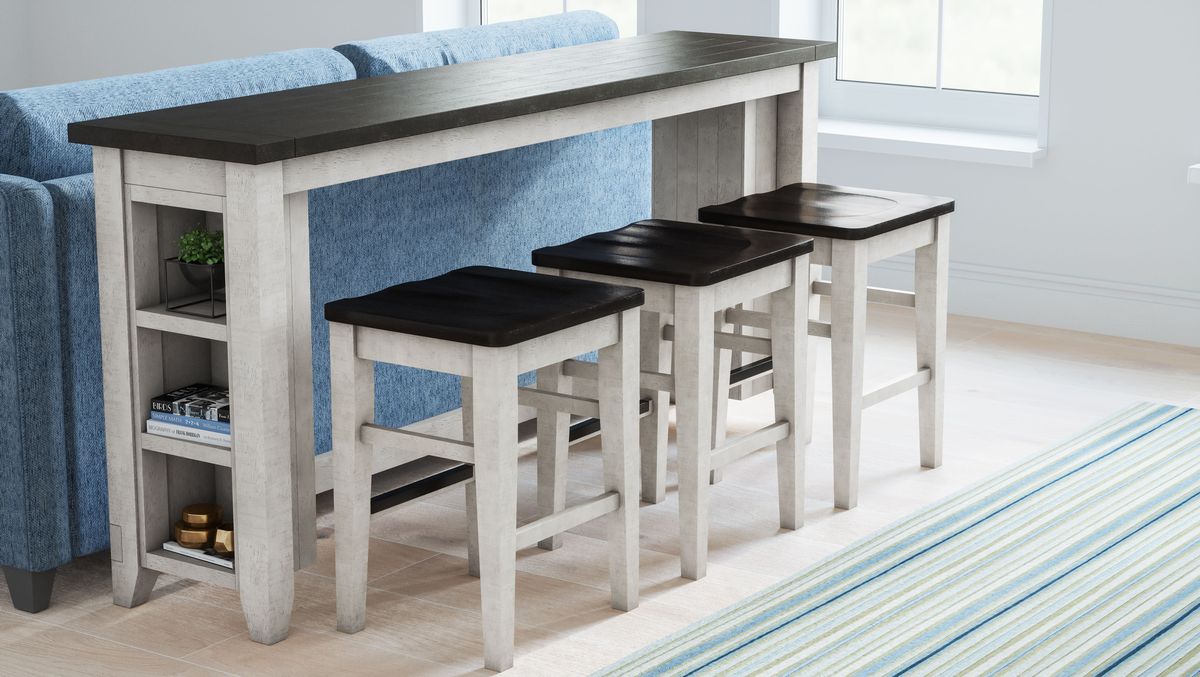Jofran Madison County Rustic Reclaimed Pine Farmhouse Four Piece Sofa Table Set with Barstools in Vintage White - Holmwood's Furniture & Design Center (Somersworth, NH)