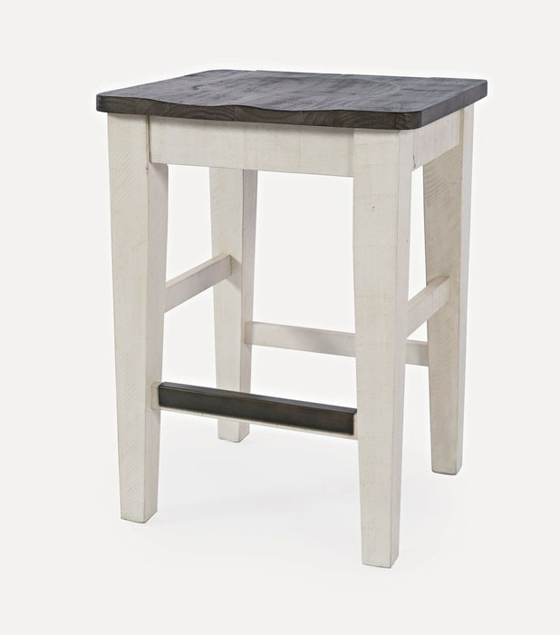 Jofran Madison County Rustic Reclaimed Pine Farmhouse Four Piece Sofa Table Set with Barstools in Vintage White - Holmwood's Furniture & Design Center (Somersworth, NH)