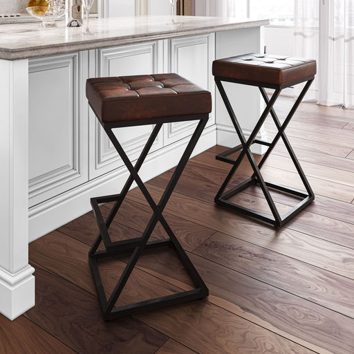 Jofran Brooks Distressed Modern Leather Backless Stool in Dark Sienna - Holmwood's Furniture & Design Center (Somersworth, NH)