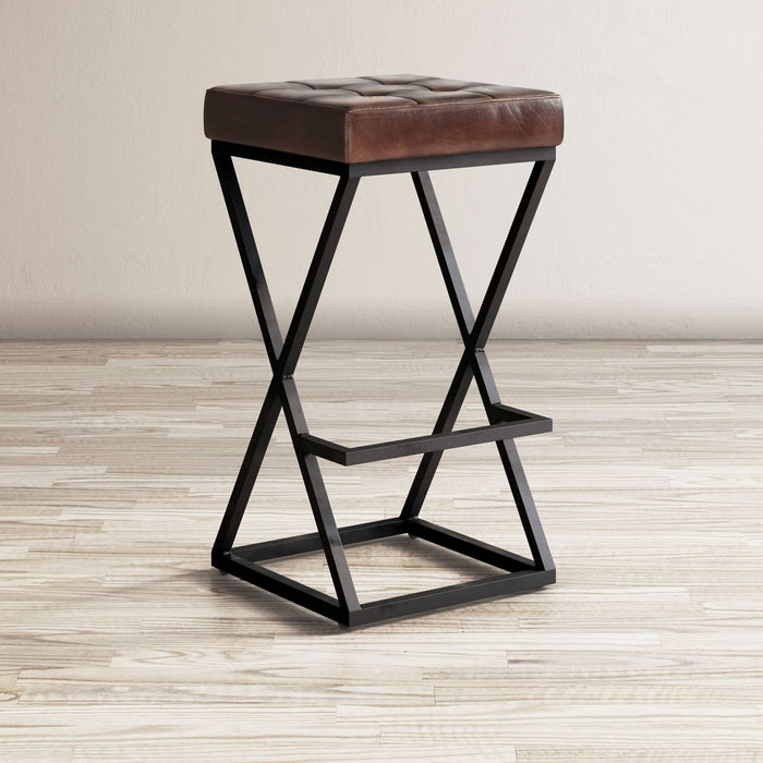 Jofran Brooks Distressed Modern Leather Backless Stool in Dark Sienna - Holmwood's Furniture & Design Center (Somersworth, NH)