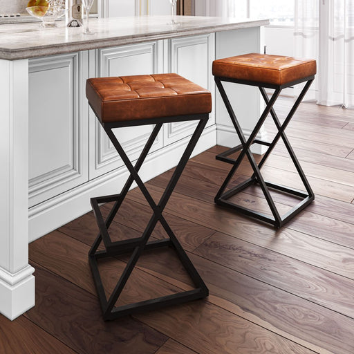 Jofran Brooks Distressed Modern Leather Backless Stool in Saddle - Holmwood's Furniture & Design Center (Somersworth, NH)