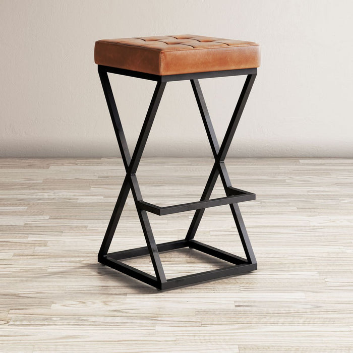 Jofran Brooks Distressed Modern Leather Backless Stool in Saddle - Holmwood's Furniture & Design Center (Somersworth, NH)