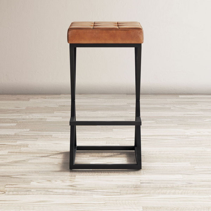 Jofran Brooks Distressed Modern Leather Backless Stool in Saddle - Holmwood's Furniture & Design Center (Somersworth, NH)
