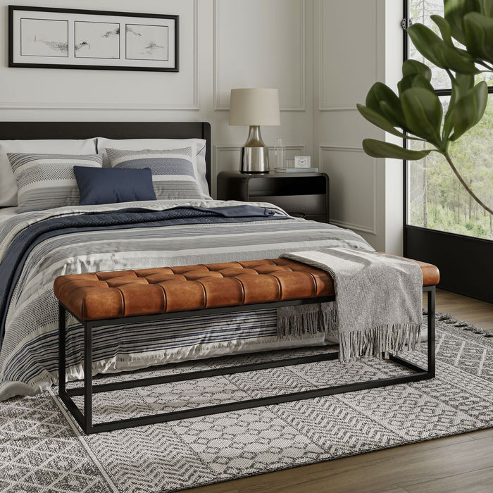 Jofran Global Archive 55" Genuine Distressed Leather Ottoman Bench in Saddle brown - Holmwood's Furniture & Design Center (Somersworth, NH)