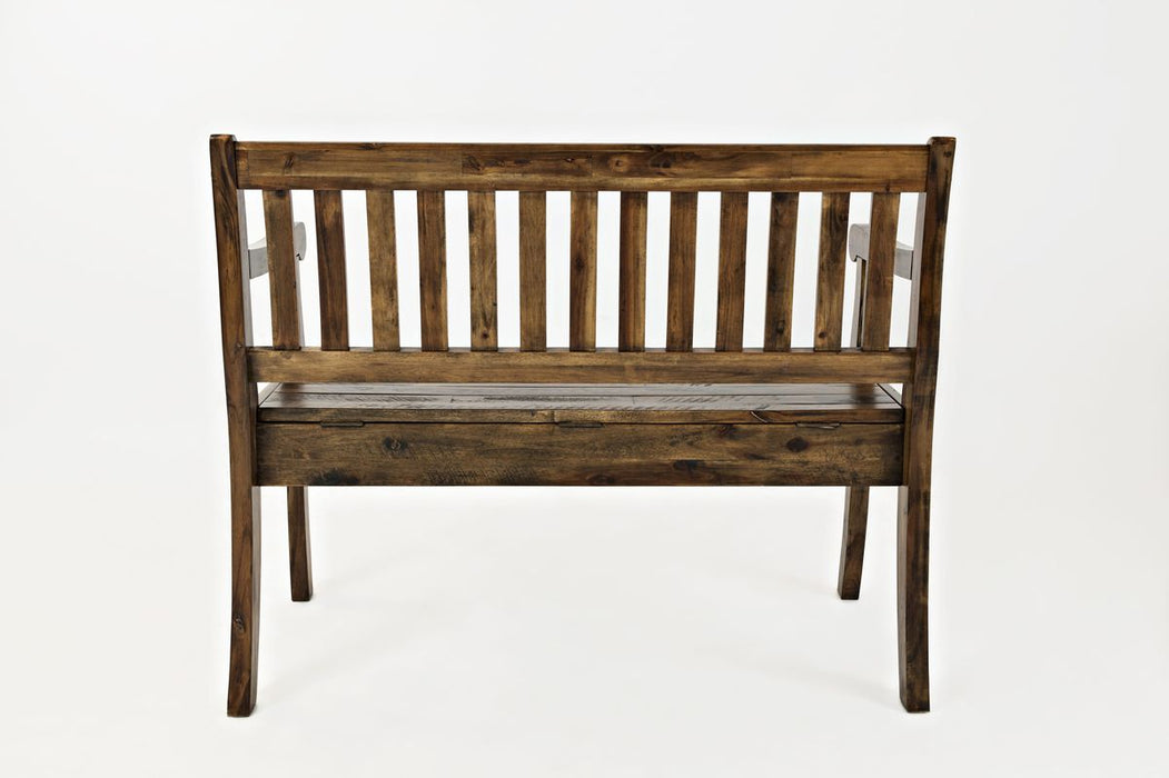 Jofran Artisan's Craft 42" Rustic Farmhouse Distressed Acacia Storage Bench in Dakota Oak - Holmwood's Furniture & Design Center (Somersworth, NH)