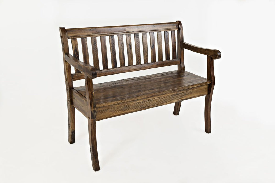 Jofran Artisan's Craft 42" Rustic Farmhouse Distressed Acacia Storage Bench in Dakota Oak - Holmwood's Furniture & Design Center (Somersworth, NH)