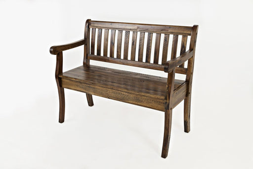 Jofran Artisan's Craft 42" Rustic Farmhouse Distressed Acacia Storage Bench in Dakota Oak - Holmwood's Furniture & Design Center (Somersworth, NH)