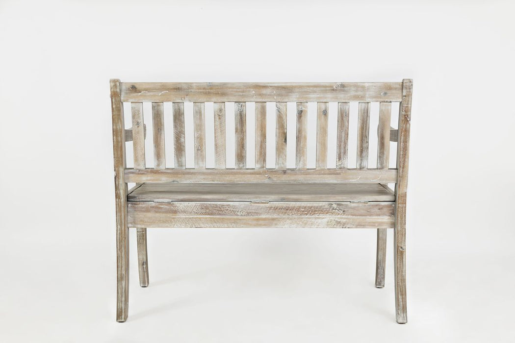 Jofran Artisan's Craft 42" Rustic Farmhouse Distressed Acacia Storage Bench in Washed Grey - Holmwood's Furniture & Design Center (Somersworth, NH)