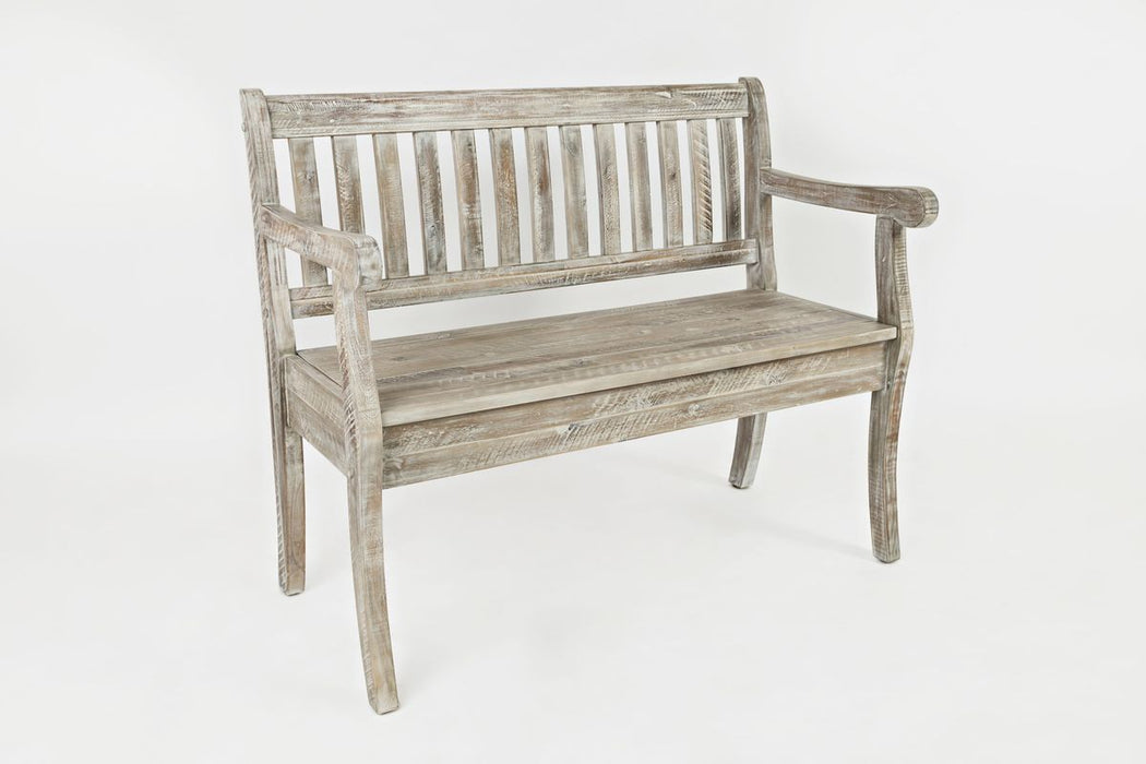 Jofran Artisan's Craft 42" Rustic Farmhouse Distressed Acacia Storage Bench in Washed Grey - Holmwood's Furniture & Design Center (Somersworth, NH)