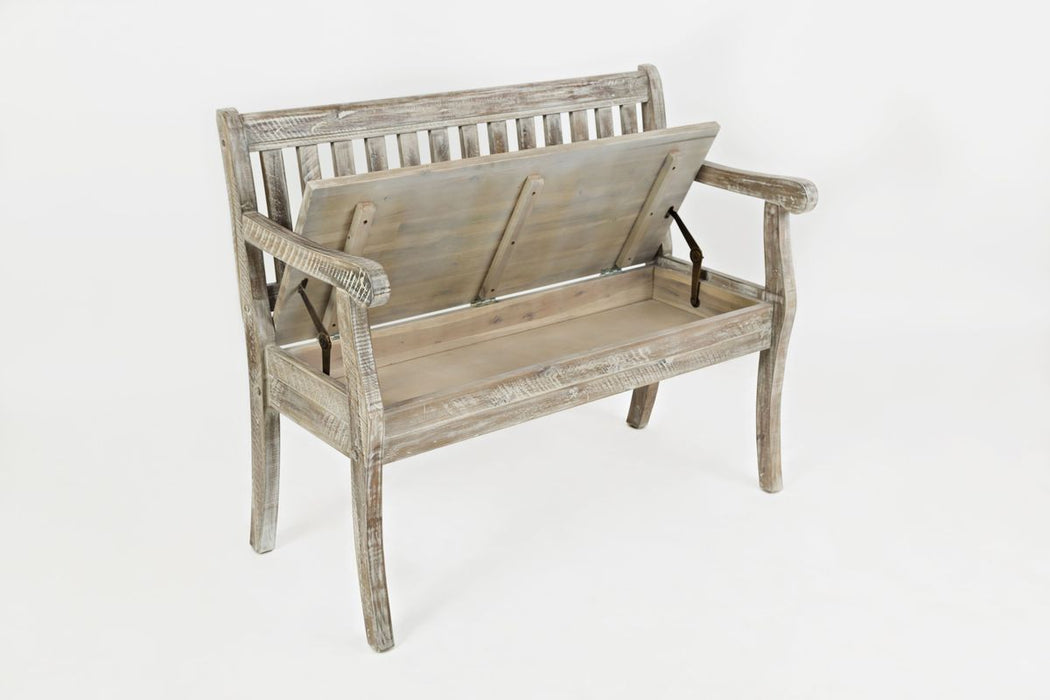 Jofran Artisan's Craft 42" Rustic Farmhouse Distressed Acacia Storage Bench in Washed Grey - Holmwood's Furniture & Design Center (Somersworth, NH)
