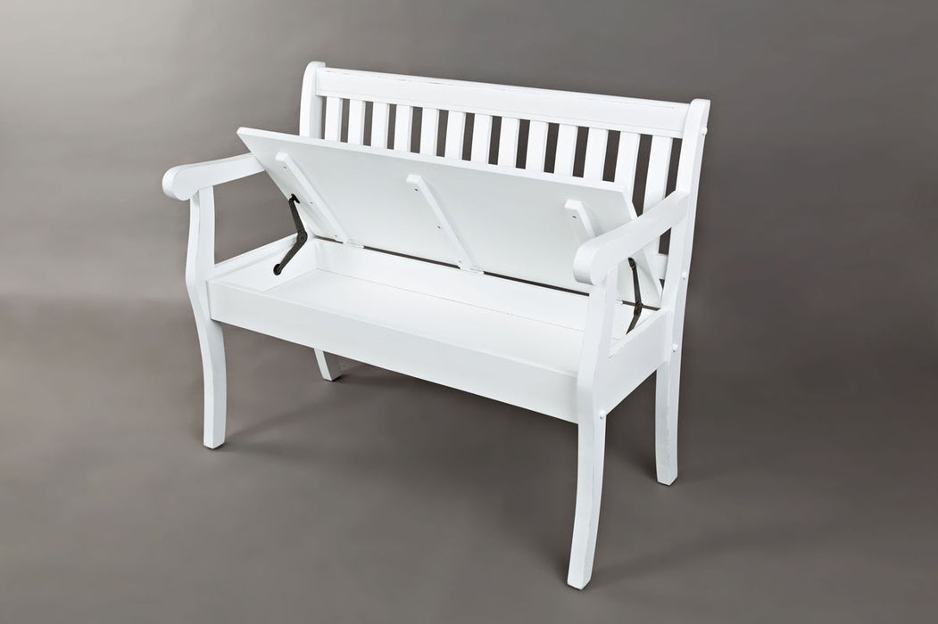 Jofran Artisan's Craft 42" Rustic Farmhouse Distressed Acacia Storage Bench in Distressed Weathered White - Holmwood's Furniture & Design Center (Somersworth, NH)