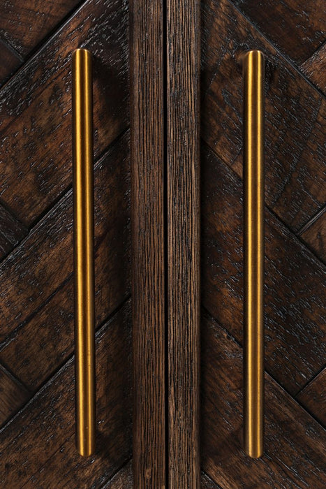 Jofran Gramercy Mid-Century Modern Chevron Four Door 79" Accent Cabinet in Dark Chevron Brown - Holmwood's Furniture & Design Center (Somersworth, NH)