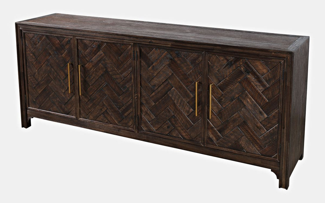 Jofran Gramercy Mid-Century Modern Chevron Four Door 79" Accent Cabinet in Dark Chevron Brown - Holmwood's Furniture & Design Center (Somersworth, NH)