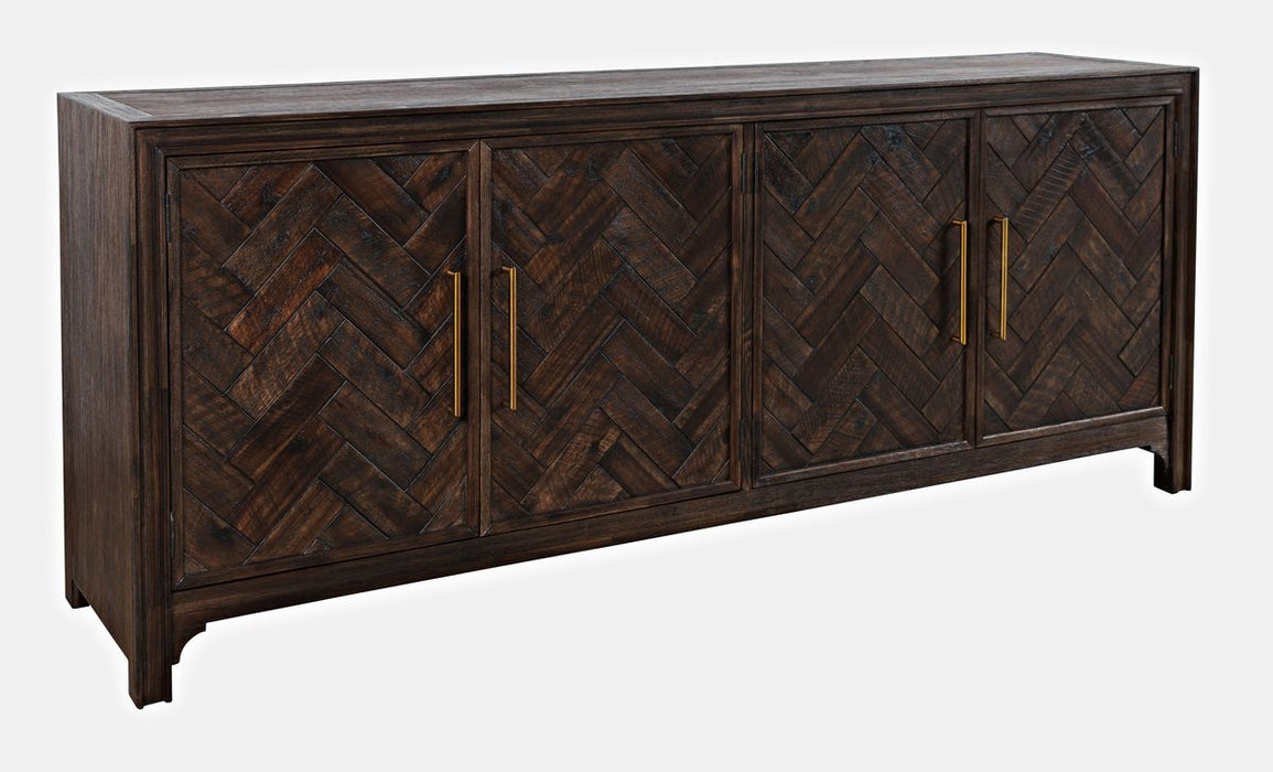 Jofran Gramercy Mid-Century Modern Chevron Four Door 79" Accent Cabinet in Dark Chevron Brown - Holmwood's Furniture & Design Center (Somersworth, NH)